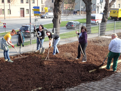 Bedienstete der Stadtverwaltung im Einsatz zur Verschönerung des Bahnhofs-Parkplatzes. Foto: F. M. Wagner