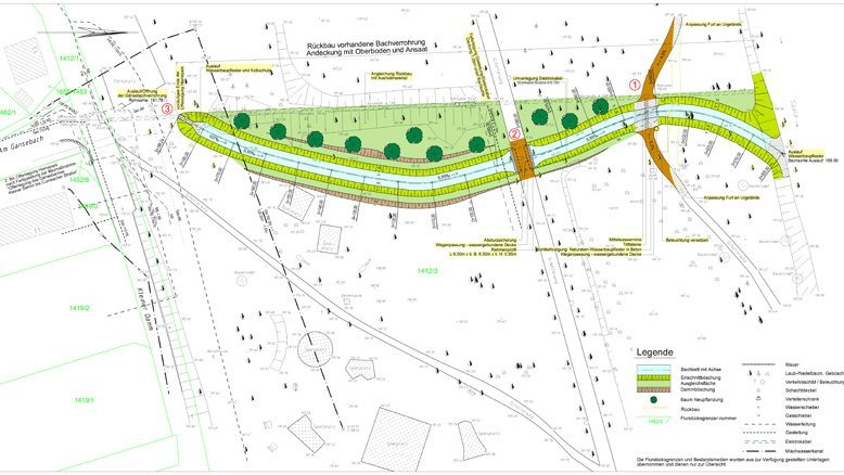 Der Planausschnitt (Firma Strabag AG) zeigt den zukünftig vorgesehen Lauf des freigelegten Gänsebachs durch den Park.