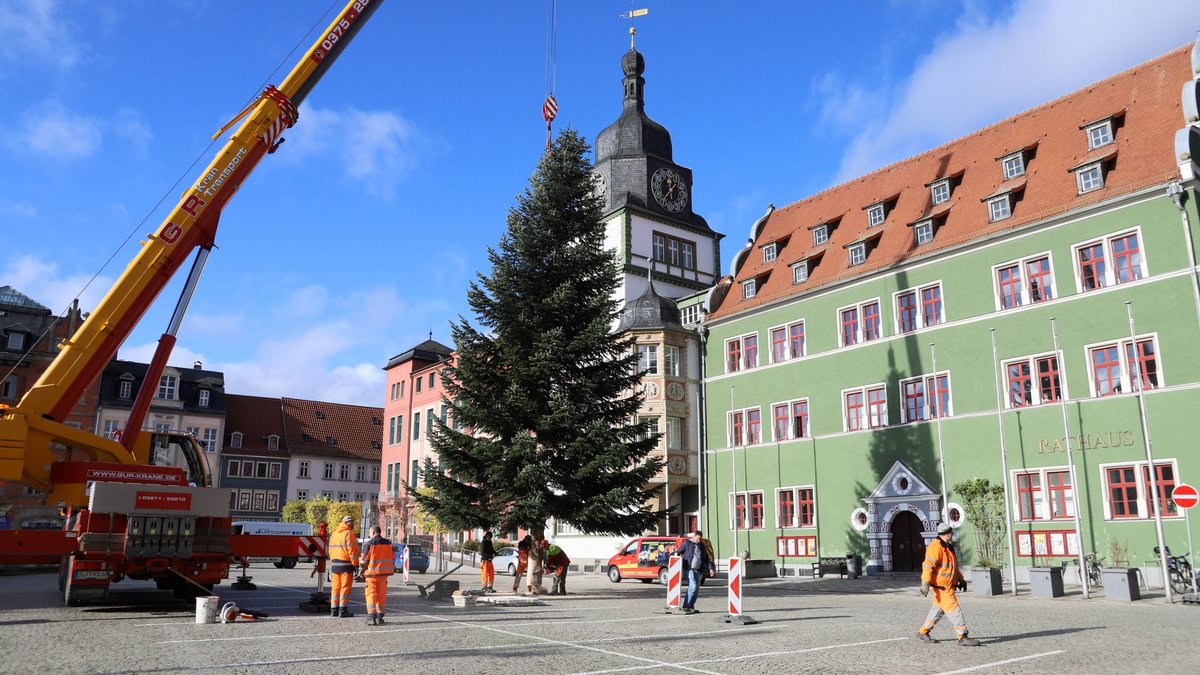 Vorsichtig setzten die Mitarbeiter des Rudolstädter Bauhofs die Nordmanntanne in die Vorrichtung auf dem Marktplatz. Foto: Michael Wirkner