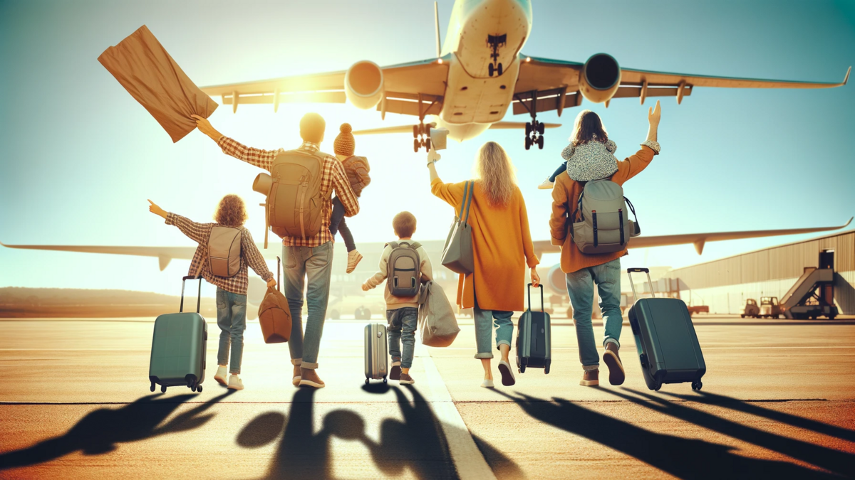 Eine Familie von hinten, die mit Koffern Richtung Flugplatz aufbricht Richtung Sonne und Urlaub.