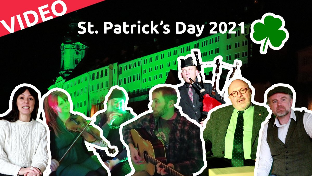 St. Patricks-Day-Video Vorschaubild mit grünem Schloss und Personen im Video.